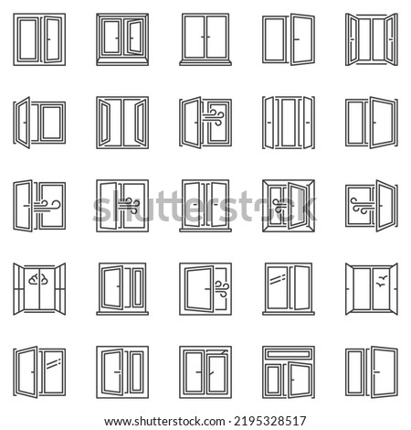 Windows outline icons set. Window concept symbols collection in thin line style. Room Ventilation signs