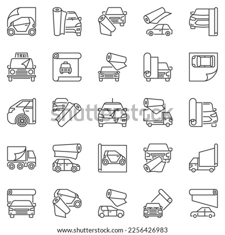 Vehicle Vinyl Wrap outline icons set - Car Wrapping vector concept thin line symbols