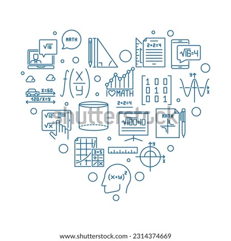 I Love Mathematics vector outline heart shaped banner - Math concept linear illustration