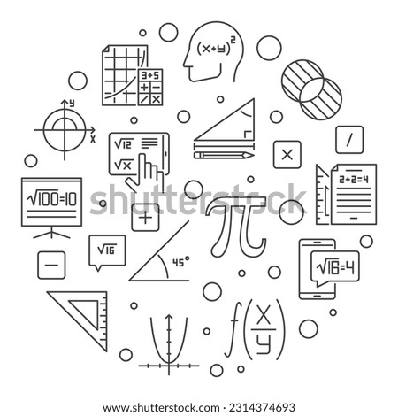 I Love Mathematics vector thin line round minimal banner. Math Science circular concept illustration
