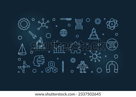 Science Education blue creative outline banner - Science concept line horizontal illustration with dark background