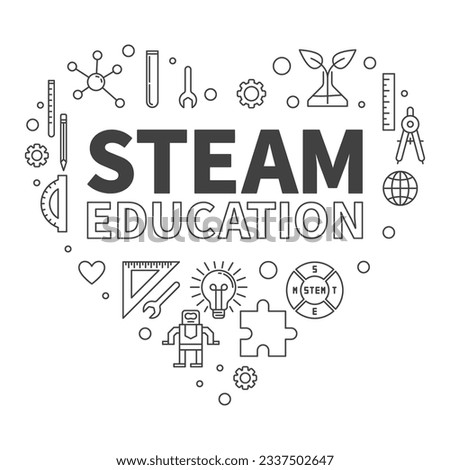 STEAM Education Heart outline Science concept simple banner. Vector Science, Tech, Engineering, Arts and Math Illustration