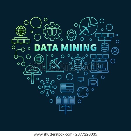 Data Mining Heart colored banner in thin line style - Database Analytics concept heart-shaped illustration with dark background