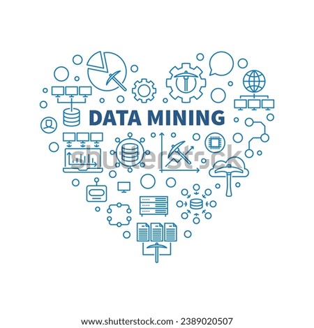Data Mining heart-shaped blue banner in outline style. Database Systems concept illustration