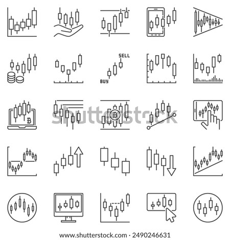 Candlestick Chart outline icons set - cryptocurrency trading line vector signs. Japanese Candlesticks concept symbols