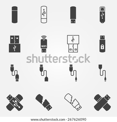 Usb Icons Set - Vector Black Usb Flash, Otg And Micro Cable Symbols Or ...