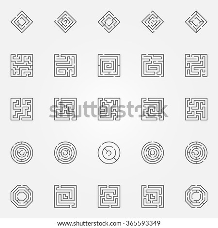 Maze icons set - vector outline maze or labyrinth signs. Thin line symbols or logo elements  