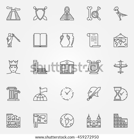 History icons set - vector collection of thin line history school subject signs or design elements