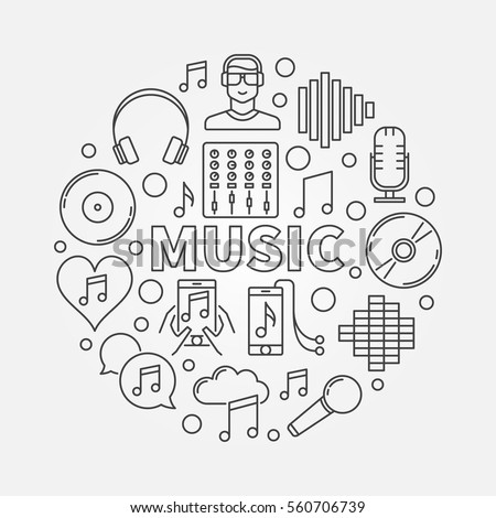 Music line round illustration. Vector outline concept symbol made with different musical icons and word MUSIC in center