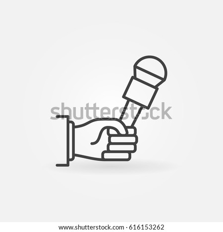 Hand holding microphone icon. Vector interview or news concept symbol or logo element in thin line style