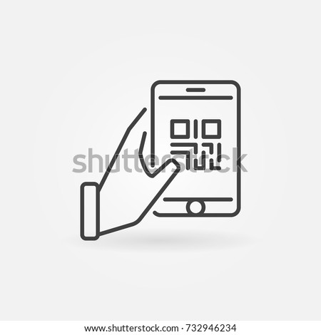 Hand holding smartphone with QR code vector icon in thin line style