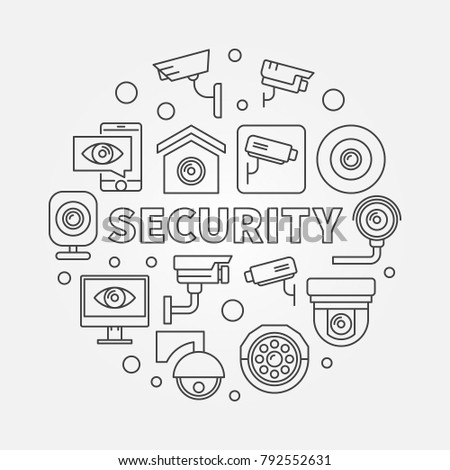 Security vector round concept illustration or symbol made with outline CCTV icons