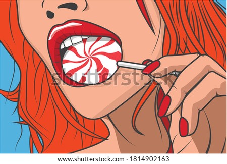 Vector pop art pin up sexy girl with red hair sucking Lollipop isolated on blue background, for poster, loft style	