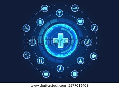 Medical technology circle There is a doctor's symbol in the center and a circle with payment innovations around it. Modern medicine provides patients with faster access to treatment behind the grid.