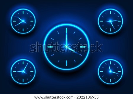 Technology background of multiple watch used to tell time dial clock That shines blue on a dark blue background, with the case making it stand out from the background.