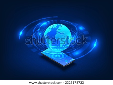 Smart phone project the world within a circle of technology. It symbolizes the seamless connection between technology and the world, enabling universal access to information networks on the Internet