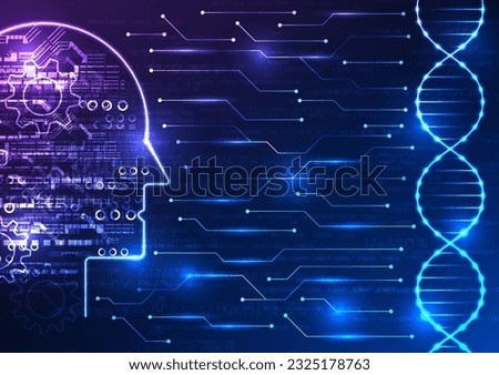 Medical technology and artificial intelligence in a captivating image. Witness the DNA structure connected to an AI brain through a circuit board, with a mesmerizing numerical code backdrop
