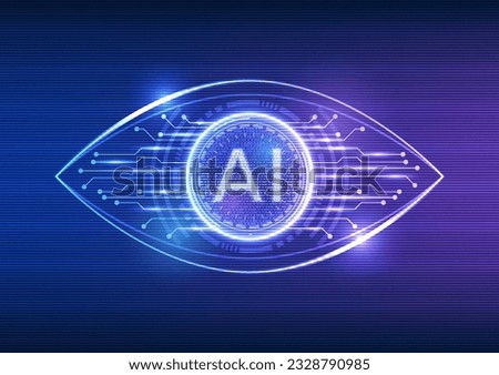 Technology eye with AI nestled within, accompanied by a circuit board. Represents the powerful utilization of artificial intelligence technology in search for answers,opening new realms of possibility