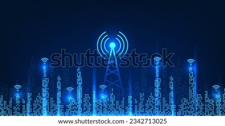 Cellular technology located on the smart city is pixelated. Smart city concept with signal towers for people in the city to access information. Send business communications smoothly.