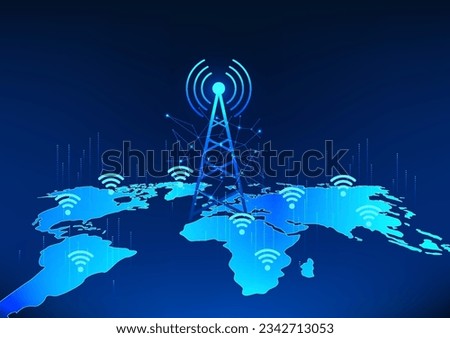 Transmission tower technology on world map with wifi icon Refers to the technology of signal transmission that covers the world for people to have access to communication or access to the Internet.