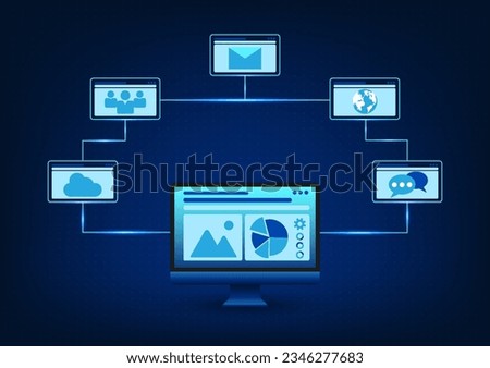 Long distance communication technology via the Internet which is used both to talk and send business information through computer equipment Vector computer connected icons
