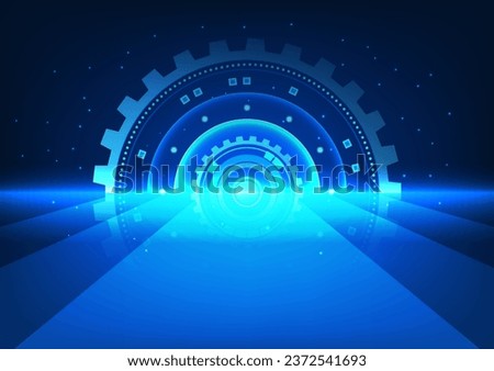 Large gear has a large walkway. It represents the entrance into the world of technology. that is constantly evolving to provide access to information learning from technology