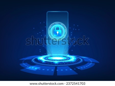 Smartphone technology Mobile phone on technology circle with screen and lock. Mobile security system. Prevent data theft and loss.