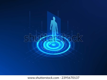 Hologram projection technology A projected image of a person along with a technology circle that Shows treatment, health care and modern medical technology.