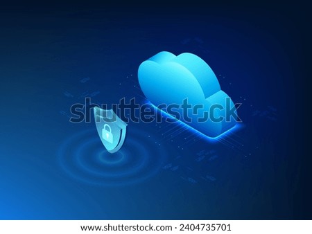 Cloud technology in front of the shield represents the storage of data in the cloud. It is a system that maintains security to prevent data theft. By confirming the code to gain access.