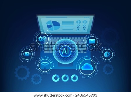 Artificial intelligence technology AI that comes to learn and help work to meet human needs. The AI connected to the internet word processing icon is on the laptop screen.