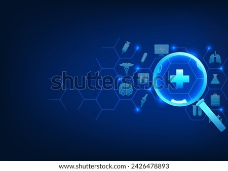 Medical technology Magnifying glass looking at medical icons, showing technology and medical that was jointly developed to help find information on treatment and diagnosis of new diseases with patient