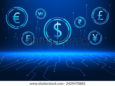 various foreign currency technology background with technology cycle It represents a new era of finance that comes in the electronic money system. by making transactions via the internet