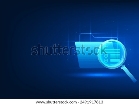 Information search technology The document icon in front is a magnifying glass that allows you to view the document. Shows the use of cyber technology to search for data stored in cloud systems.