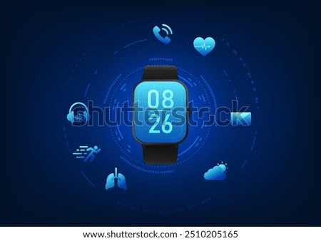 Smart watch technology, a wristwatch that shows the time on the back as a circle of technology and has functions for measuring heart rate, health, listening to music, and measuring walking distance.