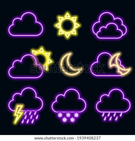 Weather icons in trendy neon light design. Set of main weather forecasts. Sunny, rainy, cloudly, snowy, stormy days.