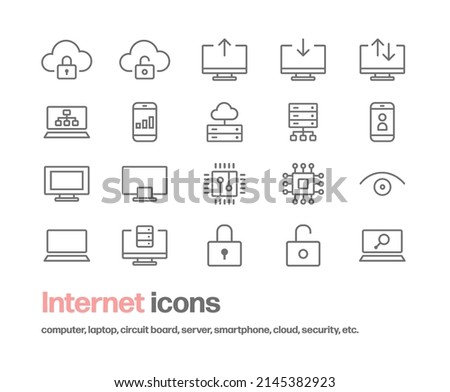 A set of icons related to the Internet and computers. A set of simple line drawing icons for cloud, security, PC, smartphones, servers, semiconductors, etc.