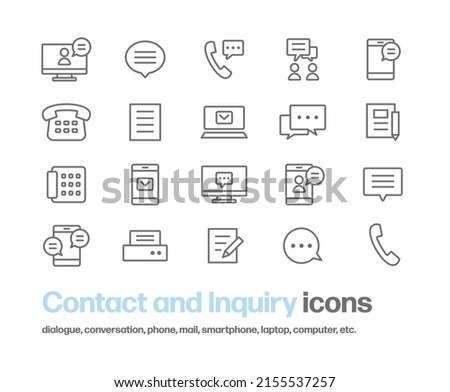 An icon that represents a means of contact such as online meetings, conversations, phone calls, emails, and chats. Simple line drawing icon set. Includes illustrations of internet inquiries, meetings,