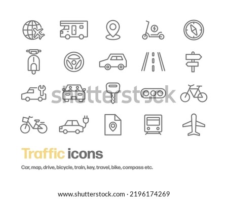 A set of vehicle icons such as bicycles, cars, and motorcycles, and icons related to transportation and travel such as maps, roads, and compasses