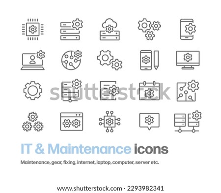 A set of icons representing maintenance and repair of servers, boards, PCs, smartphones, Internet, etc.