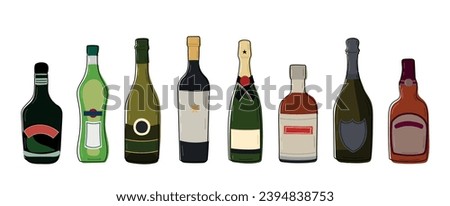 Set of different alcohol drinks and beverages. Flat design style. Vector alcohol bottles whiskey and martini, wine and champagne