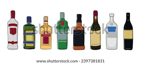 Set of different alcohol drinks and beverages. Flat design style. Vector alcohol bottles rum, whiskey, vodka and etc