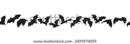 Halloween bat seamless border isolated on white background. Header for letters, websites, mailing lists. Bats for horror night holiday. Halloween black flying vampire bats.