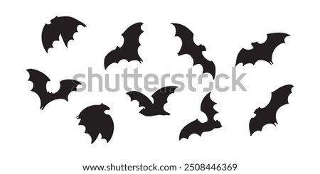 Halloween bat set isolated on white background. Bats for horror night holiday. Halloween black flying vampire bats.