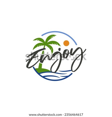 word enjoy typography logo design. Vector illustration word enjoy typography, palm tree and sea view. modern logo design vector icon template