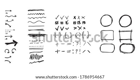 set of hand drawn icons, circles, marks, frames, arrows