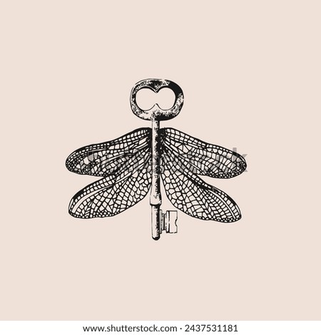 Key with wings. Spot work. Vector hand drawn illustration. Tattoo illustration, modern surreal art.