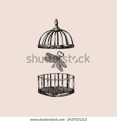 Cage. Spot work. Vector hand drawn illustration. Tattoo illustration, modern surreal art.