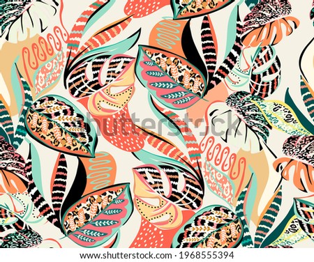 Seamless pattern of a tropical artwork, with multicolored hand drawn elements and funny background. Monstera pattern perfect for fashion and decoration