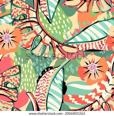 tropical pattern with multicolored hand drawn elements and funny background. tropical leaves pattern for textil and decoration