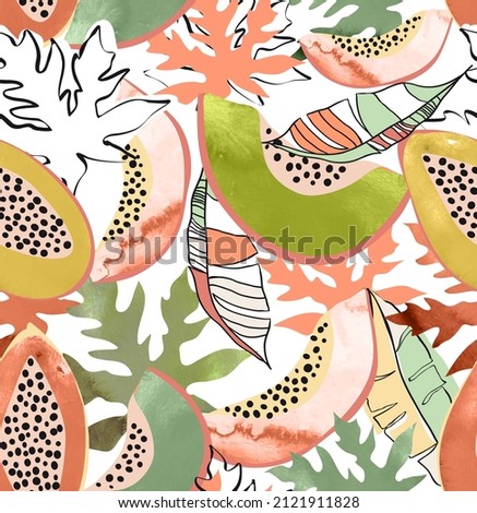 Tropical pattern made with papaya fruits and papaya leaves, with fun and colorful background perfect for fabrics and decoration ストックフォト © 
